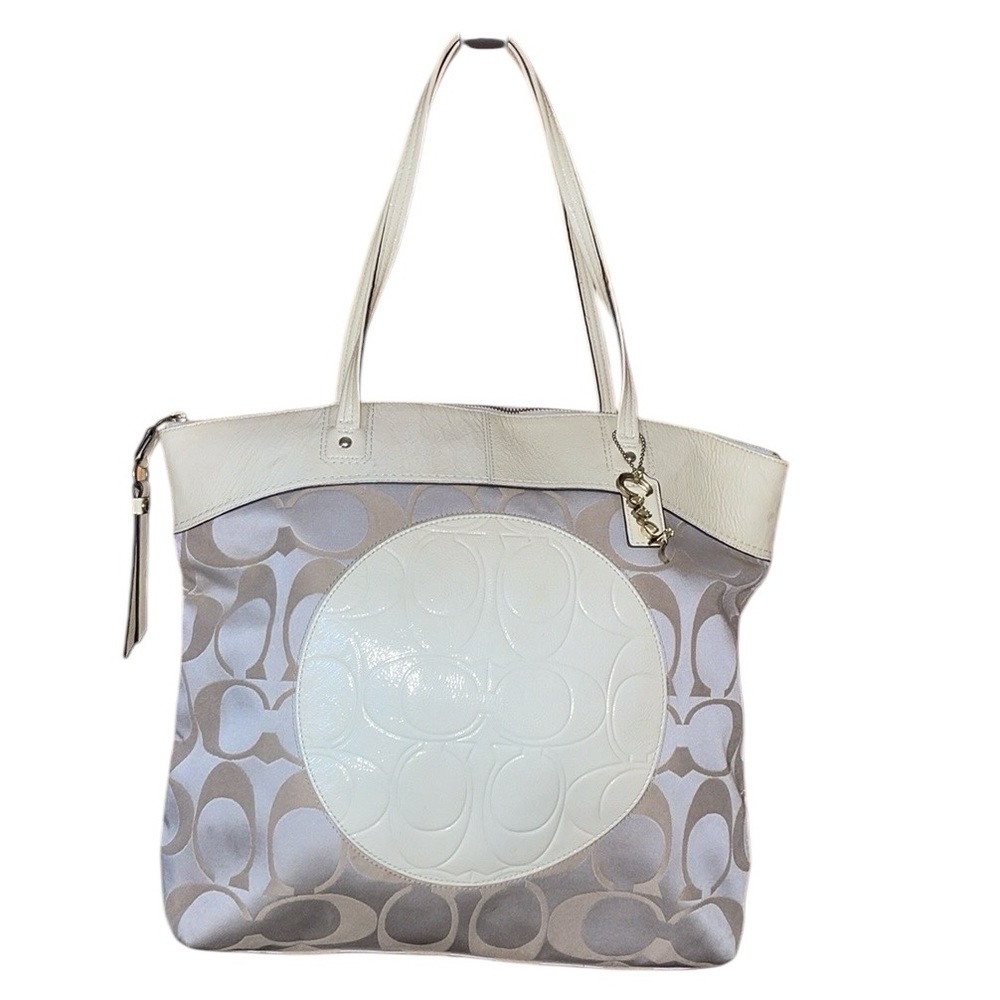 •COACH•LAURA SIGNATURE SATEEN & LEATHER LOGO TOTE/SHOULDER BAG CREAM/KHAKI EUC